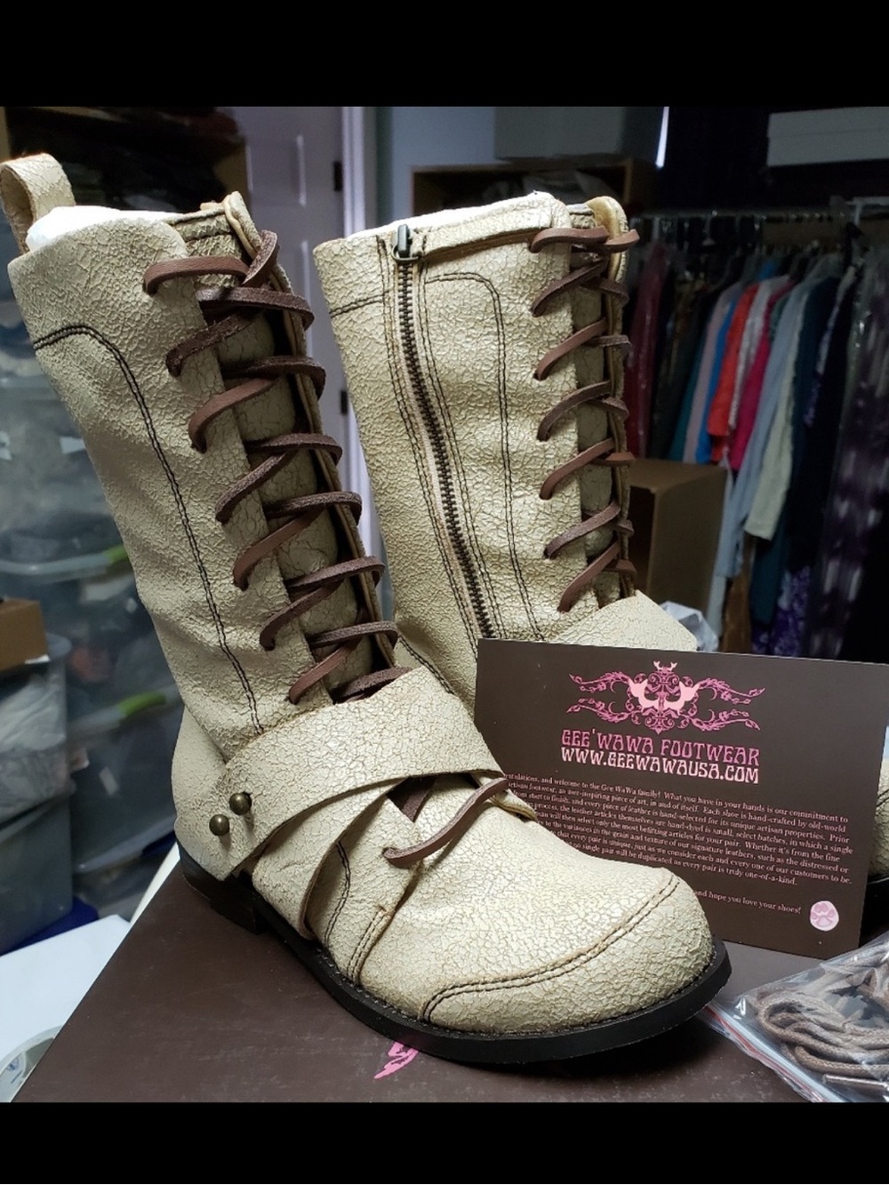 GEE WAWA Cream Lace-Up Combat Boots with Side Zip